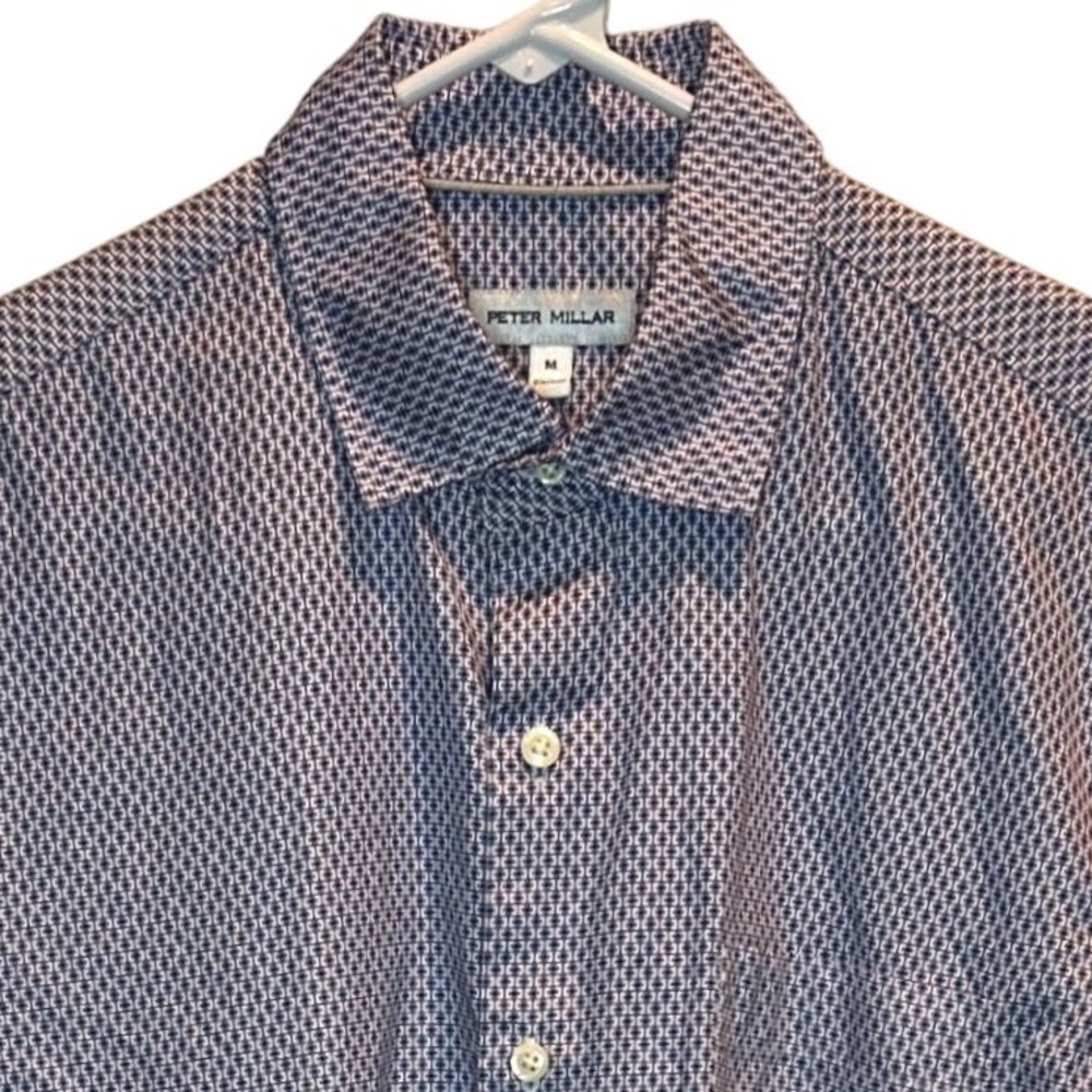 Peter Millar Button Down Shirt M Mens Navy Purple Geometric Short Sleeve Cotton